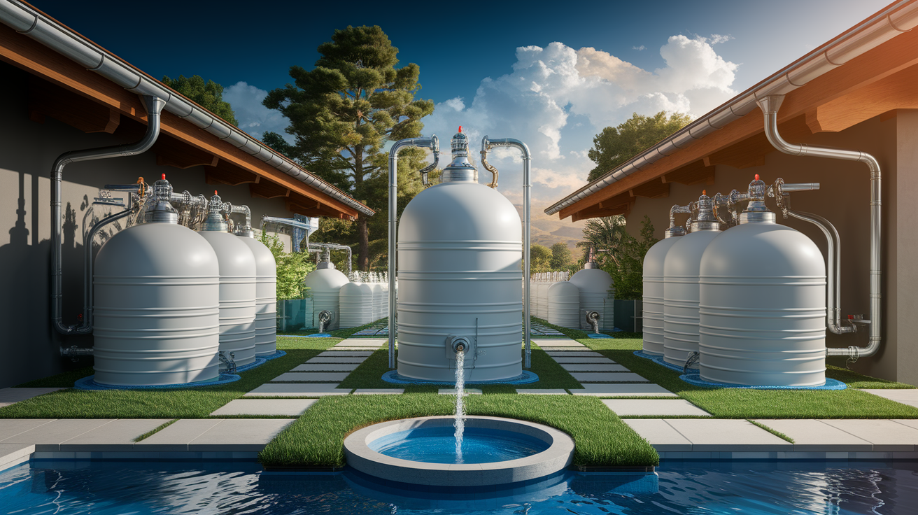 A conceptual illustration representing Essential Components for Your St George Rainwater System. Visualize the main ideas: . Creative but clear representation of the concept. Style: photorealistic. high quality, detailed, professional, clean composition, good lighting, sharp focus, well-composed. high quality, professional, detailed, well-composed