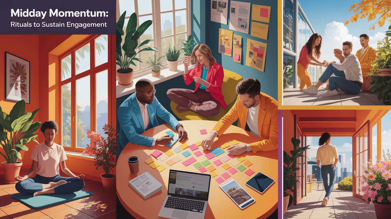 A conceptual illustration representing Midday Momentum: Rituals to Sustain Engagement. Visualize the main ideas: . Creative but clear representation of the concept. Style: photorealistic. high quality, detailed, professional, clean composition, good lighting, sharp focus, well-composed. high quality, professional, detailed, well-composed