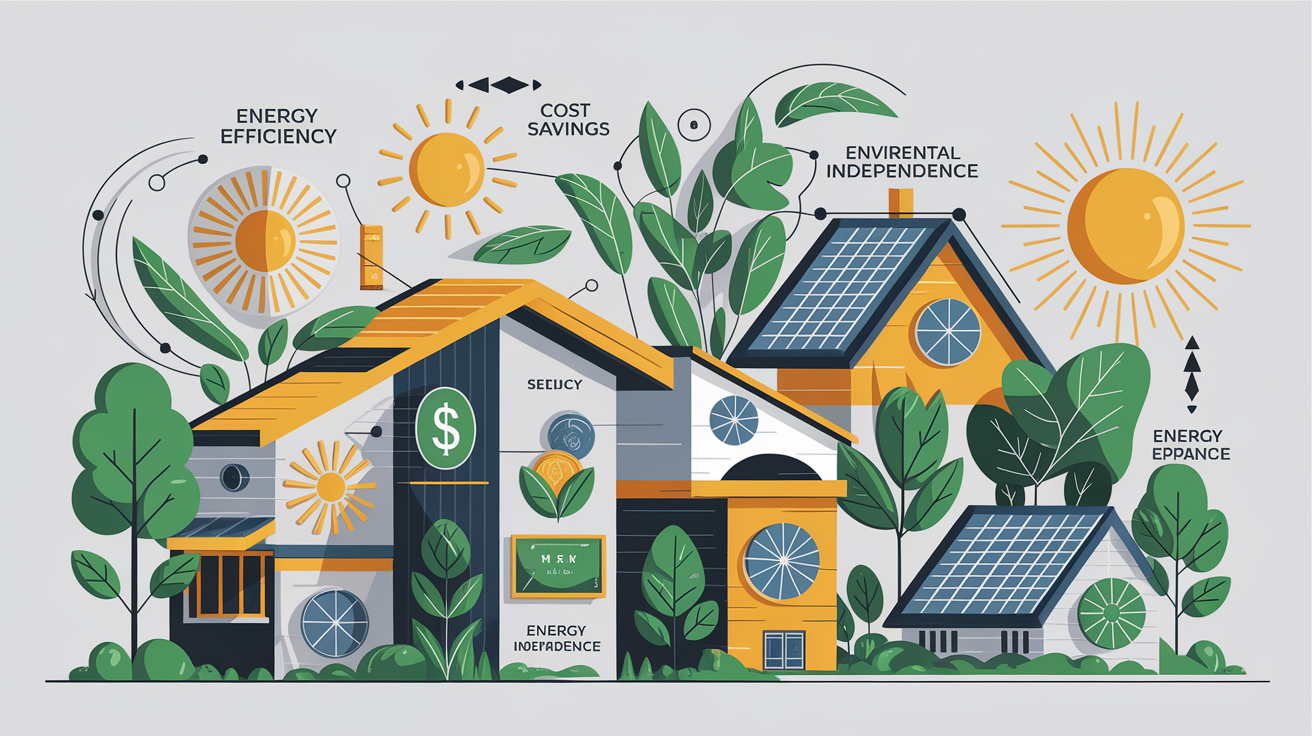 A conceptual illustration representing Key Benefits for Solar Installations. Visualize the main ideas: . Creative but clear representation of the concept. Style: Visual Theme: Clean, modern aesthetic with high contrast and vibrant energy. Emphasize the intersect. high quality, detailed, professional, clean composition, good lighting, sharp focus, well-composed. high quality, professional, detailed, well-composed