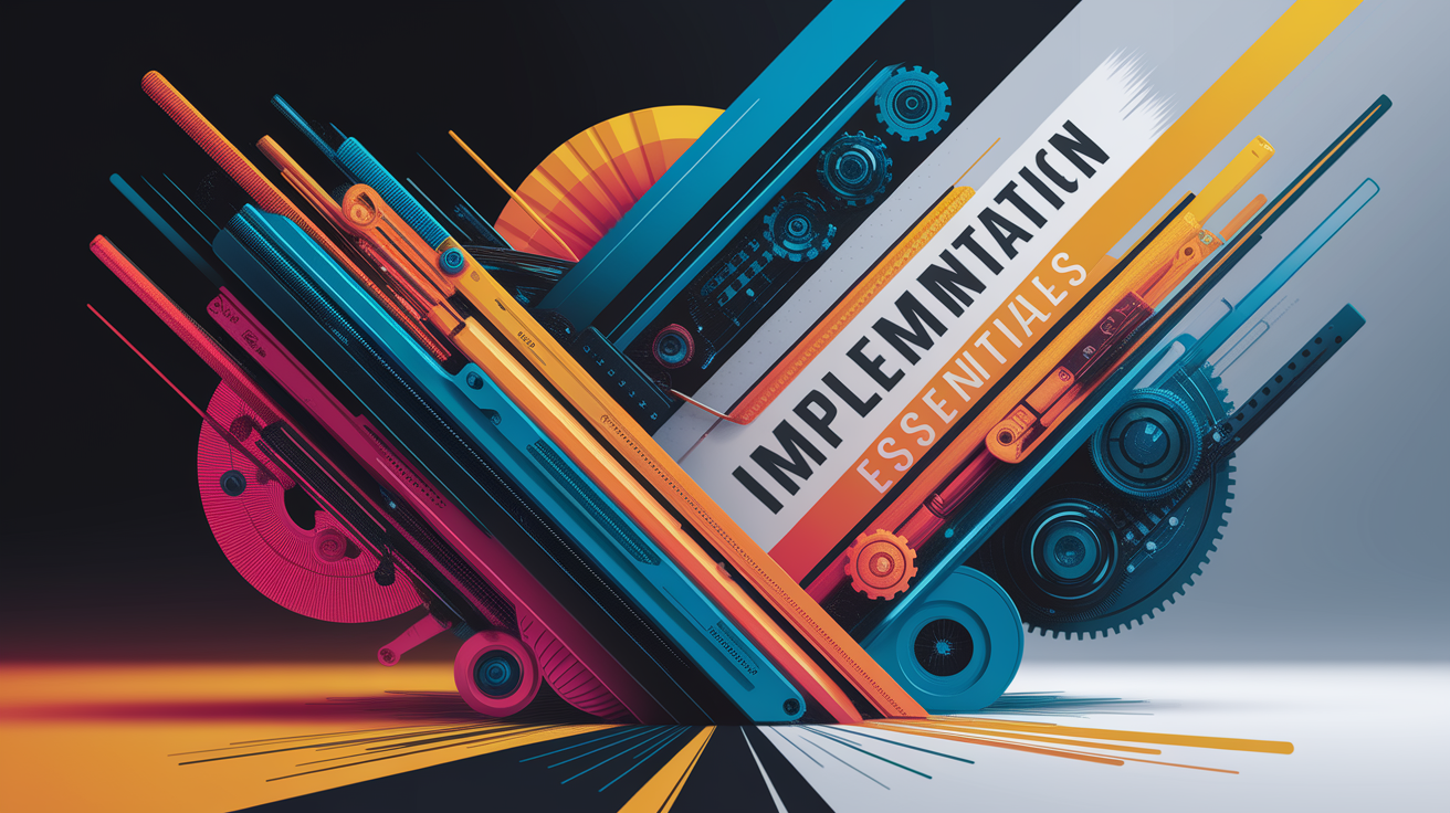 A conceptual illustration representing Implementation Essentials. Visualize the main ideas: . Creative but clear representation of the concept. Style: Visual Theme: Clean, modern aesthetic with high contrast and vibrant energy. Emphasize the intersect. high quality, detailed, professional, clean composition, good lighting, sharp focus, well-composed. high quality, professional, detailed, well-composed