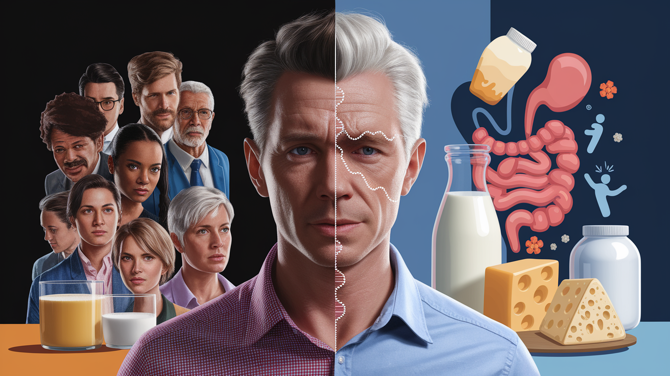 A conceptual illustration representing Primary Lactose Intolerance: Genetics and Lactase Decline. Visualize the main ideas: . Creative but clear representation of the concept. Style: photorealistic. high quality, detailed, professional, clean composition, good lighting, sharp focus, well-composed. high quality, professional, detailed, well-composed