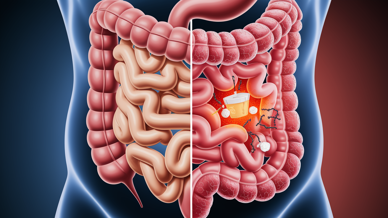 A conceptual illustration representing Secondary Lactose Intolerance: When the Gut Is Damaged. Visualize the main ideas: . Creative but clear representation of the concept. Style: photorealistic. high quality, detailed, professional, clean composition, good lighting, sharp focus, well-composed. high quality, professional, detailed, well-composed