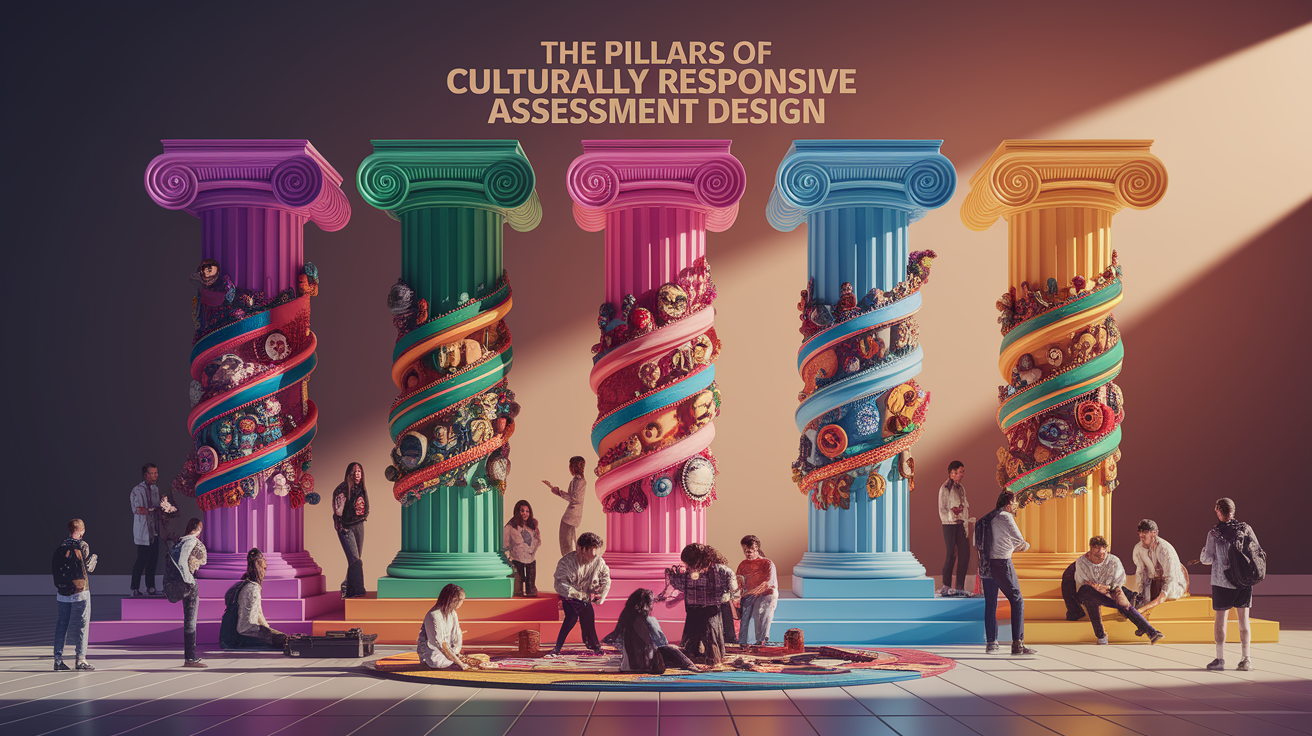 A conceptual illustration representing Pillars of Culturally Responsive Assessment Design. Visualize the main ideas: . Creative but clear representation of the concept. Style: photorealistic. high quality, detailed, professional, clean composition, good lighting, sharp focus, well-composed. high quality, professional, detailed, well-composed