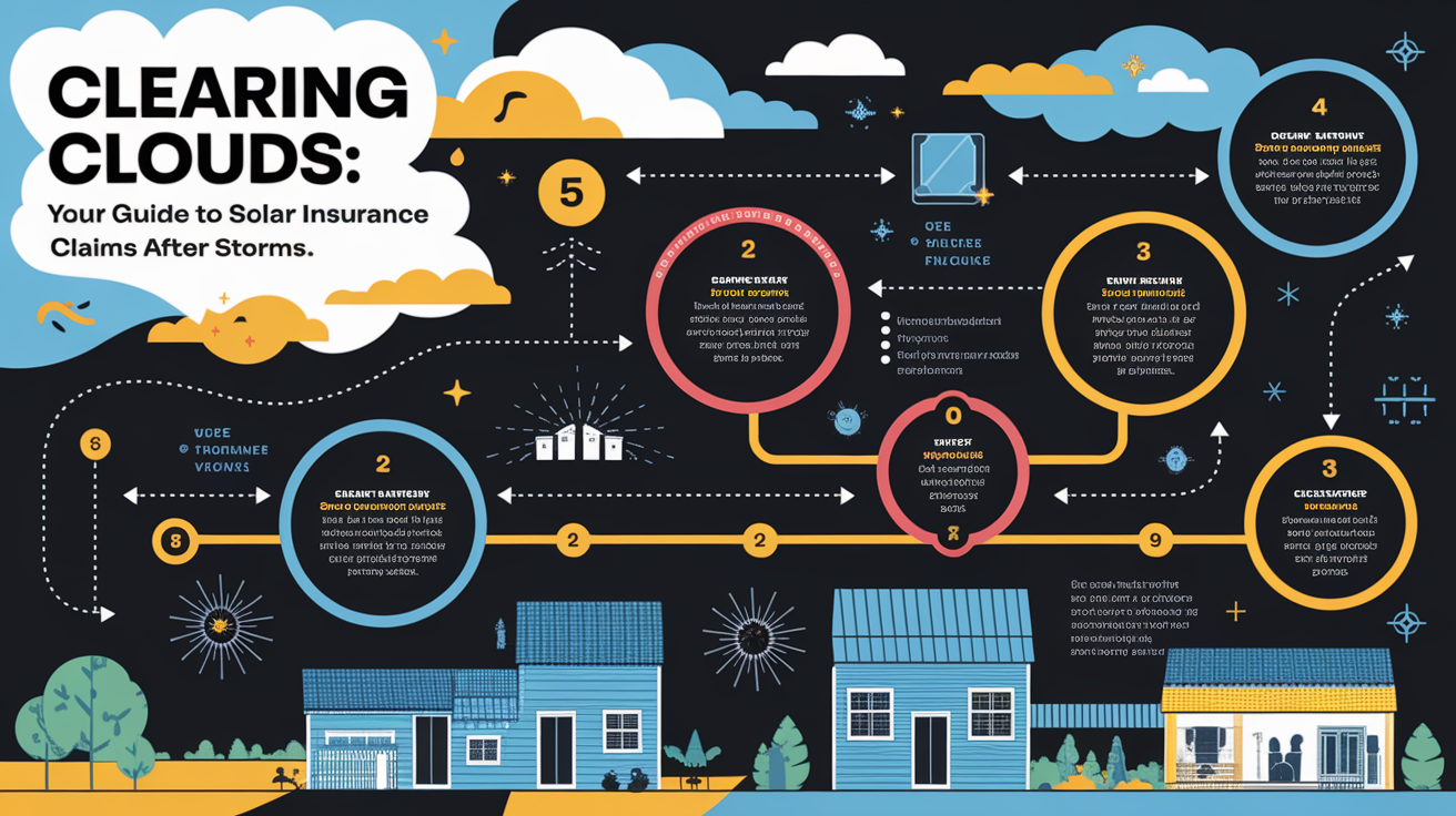 A clear, step-by-step visual illustration showing Clearing the Clouds: Your Guide to Solar Insurance Claims After Storms. Focus on . Include visual elements like arrows, numbered steps, or sequential flow. Professional and instructional style. Style: Visual Theme: Clean, modern aesthetic with high contrast and vibrant energy. Emphasize the intersect. high quality, detailed, professional, clean composition, good lighting, sharp focus, well-composed. high quality, professional, detailed, well-composed