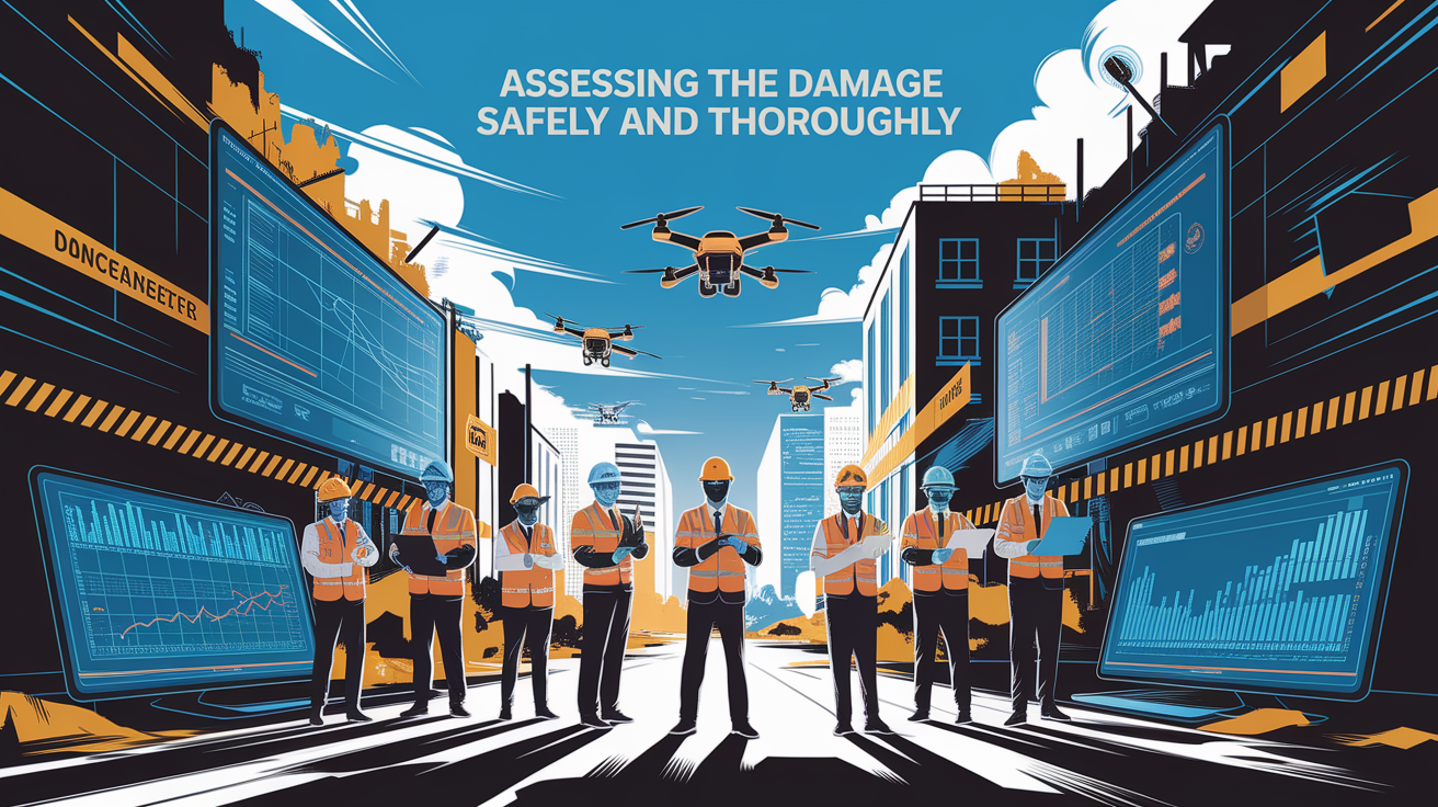 A conceptual illustration representing Assessing the Damage Safely and Thoroughly. Visualize the main ideas: . Creative but clear representation of the concept. Style: Visual Theme: Clean, modern aesthetic with high contrast and vibrant energy. Emphasize the intersect. high quality, detailed, professional, clean composition, good lighting, sharp focus, well-composed. high quality, professional, detailed, well-composed