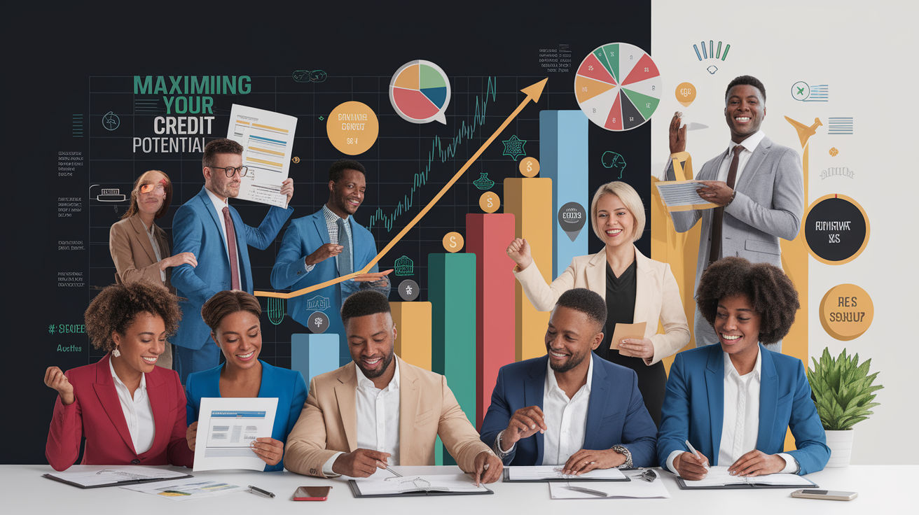 A conceptual illustration representing Maximizing Your Credit Potential. Visualize the main ideas: . Creative but clear representation of the concept. Style: photorealistic. high quality, detailed, professional, clean composition, good lighting, sharp focus, well-composed. high quality, professional, detailed, well-composed