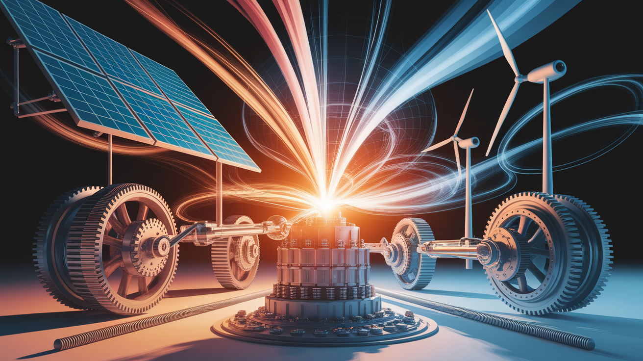 A conceptual illustration representing The Mechanics Behind Energy Conversion. Visualize the main ideas: . Creative but clear representation of the concept. Style: photorealistic. high quality, detailed, professional, clean composition, good lighting, sharp focus, well-composed. high quality, professional, detailed, well-composed