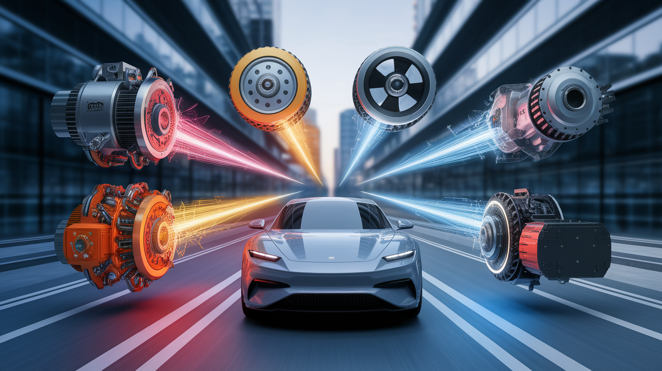 A conceptual illustration representing Variations in Regenerative Braking Systems. Visualize the main ideas: . Creative but clear representation of the concept. Style: photorealistic. high quality, detailed, professional, clean composition, good lighting, sharp focus, well-composed. high quality, professional, detailed, well-composed