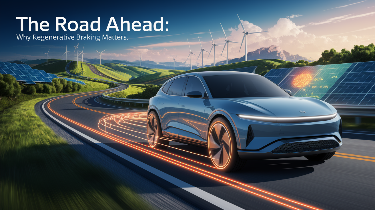 A conceptual illustration representing The Road Ahead: Why Regenerative Braking Matters. Visualize the main ideas: . Creative but clear representation of the concept. Style: photorealistic. high quality, detailed, professional, clean composition, good lighting, sharp focus, well-composed. high quality, professional, detailed, well-composed