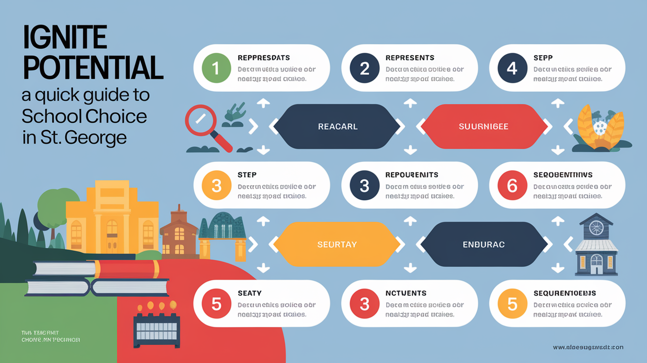 A clear, step-by-step visual illustration showing Ignite Potential – A Quick Guide to School Choice in St. George. Focus on . Include visual elements like arrows, numbered steps, or sequential flow. Professional and instructional style. Style: photorealistic. high quality, detailed, professional, clean composition, good lighting, sharp focus, well-composed. high quality, professional, detailed, well-composed