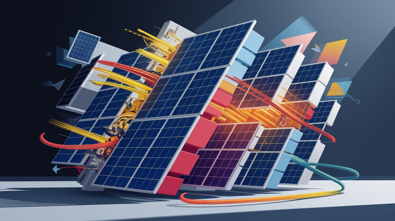 A conceptual illustration representing Cell to Module Assembly. Visualize the main ideas: . Creative but clear representation of the concept. Style: Visual Theme: Clean, modern aesthetic with high contrast and vibrant energy. Emphasize the intersect. high quality, detailed, professional, clean composition, good lighting, sharp focus, well-composed. high quality, professional, detailed, well-composed