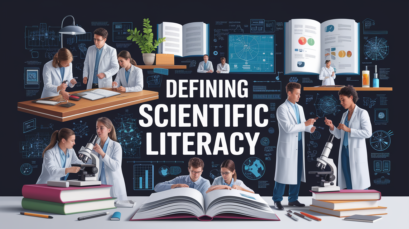 A conceptual illustration representing Defining Scientific Literacy. Visualize the main ideas: . Creative but clear representation of the concept. Style: photorealistic. high quality, detailed, professional, clean composition, good lighting, sharp focus, well-composed. high quality, professional, detailed, well-composed