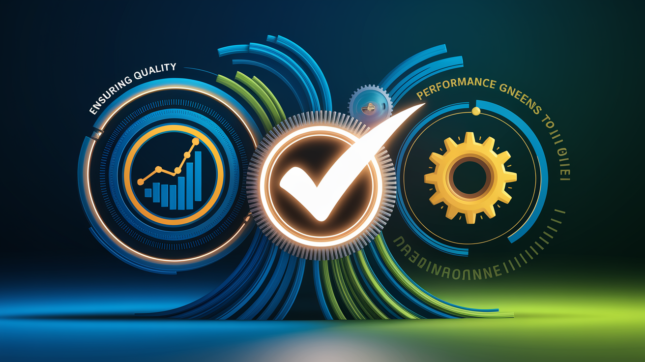 A conceptual illustration representing Ensuring Quality and Performance. Visualize the main ideas: . Creative but clear representation of the concept. Style: Visual Theme: Clean, modern aesthetic with high contrast and vibrant energy. Emphasize the intersect. high quality, detailed, professional, clean composition, good lighting, sharp focus, well-composed. high quality, professional, detailed, well-composed