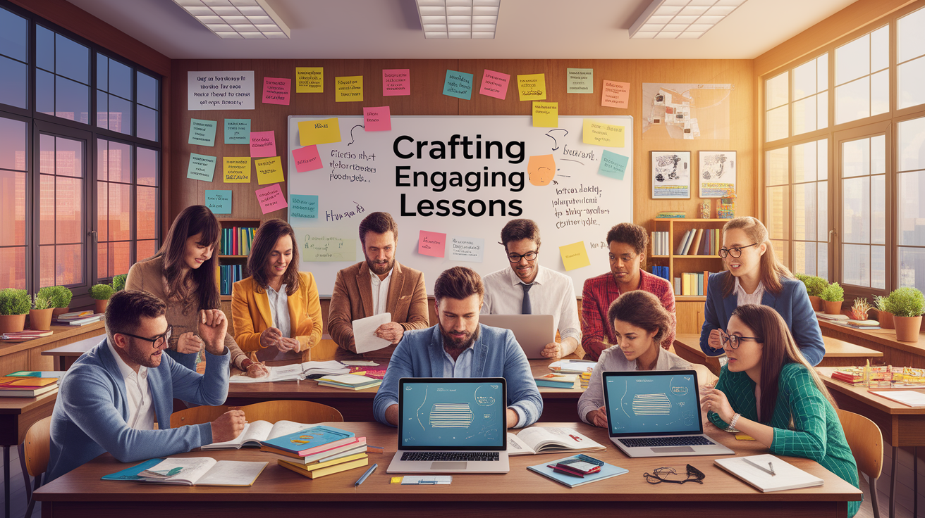 A conceptual illustration representing Crafting Engaging Lessons. Visualize the main ideas: . Creative but clear representation of the concept. Style: photorealistic. high quality, detailed, professional, clean composition, good lighting, sharp focus, well-composed. high quality, professional, detailed, well-composed