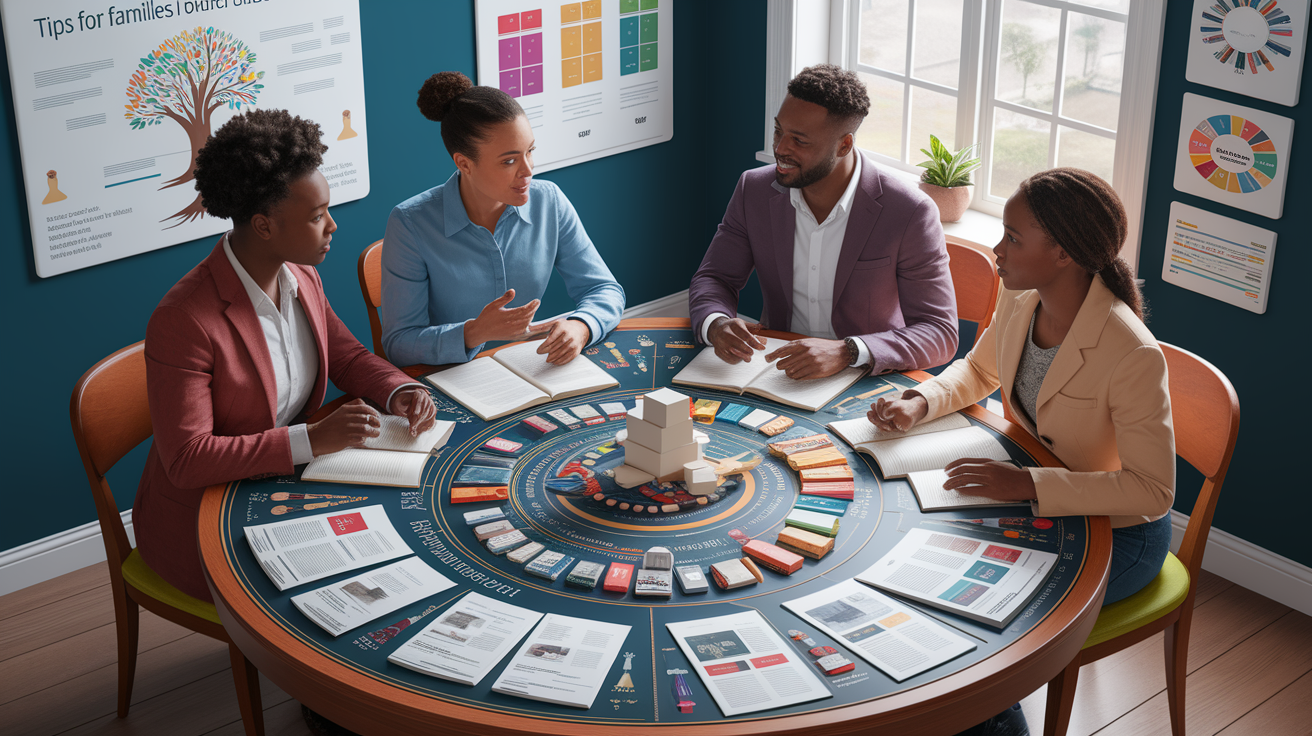 A conceptual illustration representing Tips for Families – Making Informed Choices. Visualize the main ideas: . Creative but clear representation of the concept. Style: photorealistic. high quality, detailed, professional, clean composition, good lighting, sharp focus, well-composed. high quality, professional, detailed, well-composed