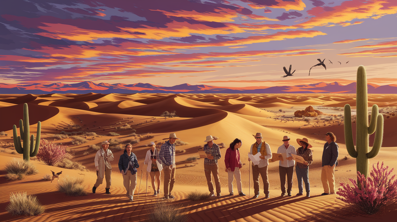 A conceptual illustration representing Understand the Desert Challenge. Visualize the main ideas: . Creative but clear representation of the concept. Style: photorealistic. high quality, detailed, professional, clean composition, good lighting, sharp focus, well-composed. high quality, professional, detailed, well-composed