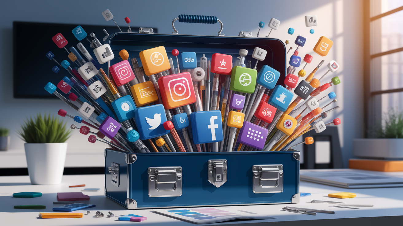 A conceptual illustration representing Toolbox of Tactics: Selecting the Right Platforms. Visualize the main ideas: . Creative but clear representation of the concept. Style: photorealistic. high quality, detailed, professional, clean composition, good lighting, sharp focus, well-composed. high quality, professional, detailed, well-composed