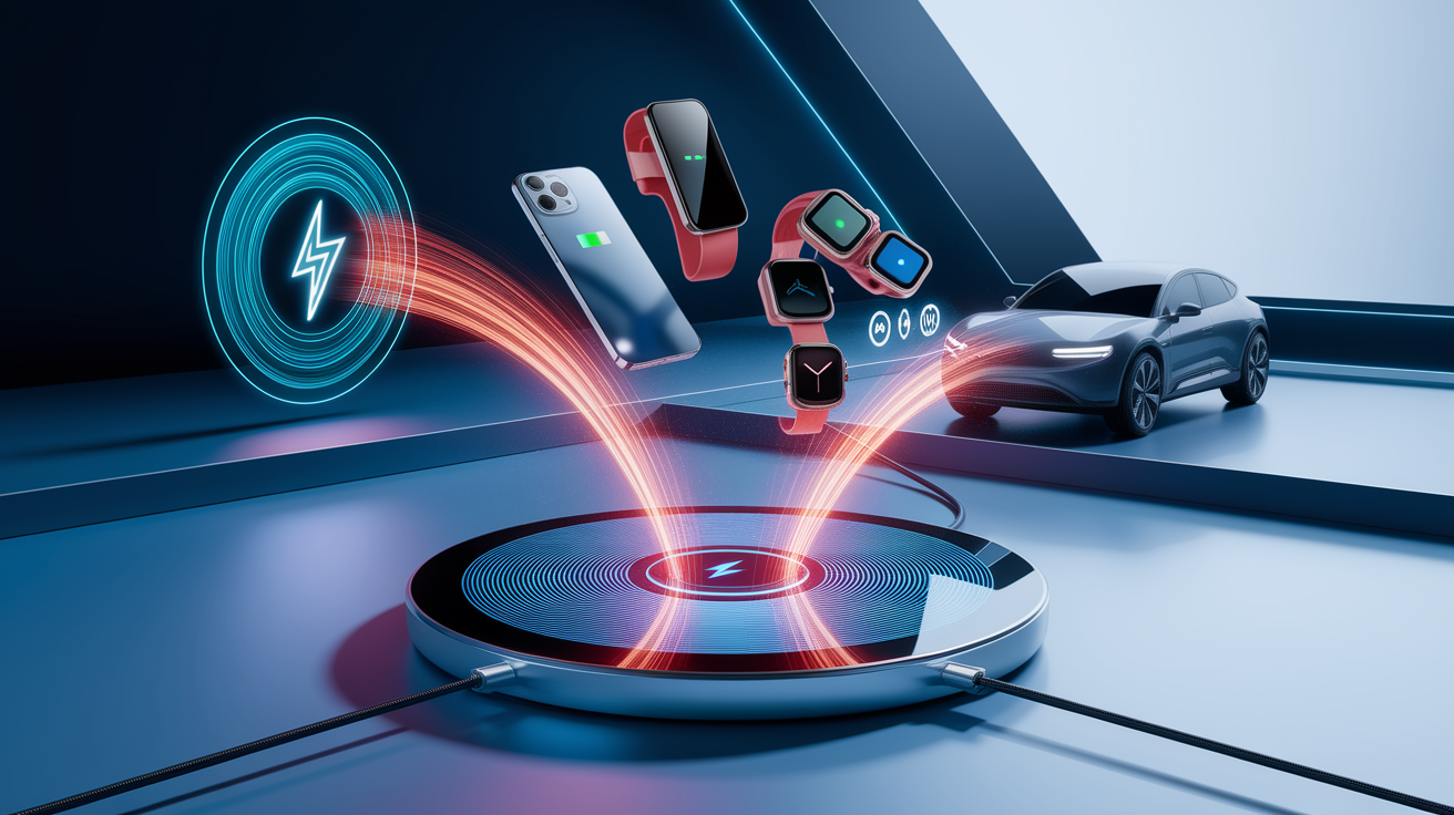 A conceptual illustration representing Standards and Technologies Powering Wireless Charging. Visualize the main ideas: . Creative but clear representation of the concept. Style: photorealistic. high quality, detailed, professional, clean composition, good lighting, sharp focus, well-composed. high quality, professional, detailed, well-composed