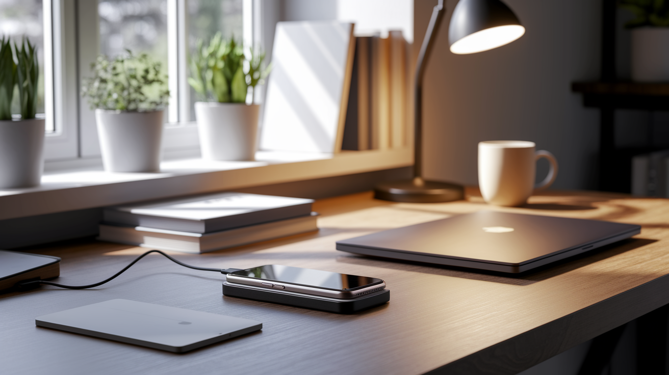 A realistic scene or environment setting for Setting Up and Using Your Wireless Charger. Include  in a natural, contextual setting. Show real-world application or usage. Style: photorealistic. high quality, detailed, professional, clean composition, good lighting, sharp focus, well-composed. high quality, professional, detailed, well-composed