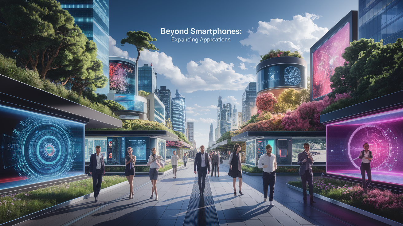A conceptual illustration representing Beyond Smartphones: Expanding Applications. Visualize the main ideas: . Creative but clear representation of the concept. Style: photorealistic. high quality, detailed, professional, clean composition, good lighting, sharp focus, well-composed. high quality, professional, detailed, well-composed