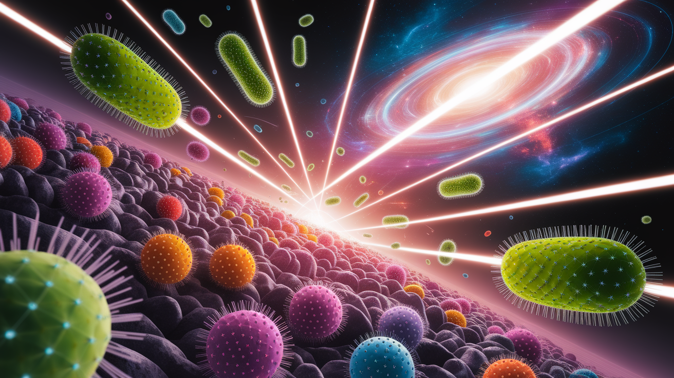 A conceptual illustration representing Introduction - Light Speed in Microbial Warfare. Visualize the main ideas: . Creative but clear representation of the concept. Style: photorealistic. high quality, detailed, professional, clean composition, good lighting, sharp focus, well-composed. high quality, professional, detailed, well-composed