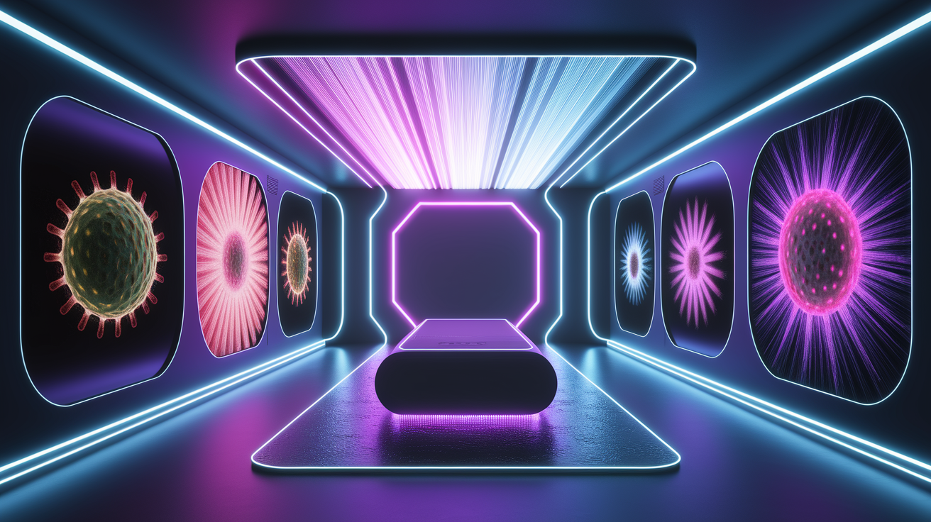 A conceptual illustration representing The Germicidal Power of UV-C Light. Visualize the main ideas: . Creative but clear representation of the concept. Style: photorealistic. high quality, detailed, professional, clean composition, good lighting, sharp focus, well-composed. high quality, professional, detailed, well-composed