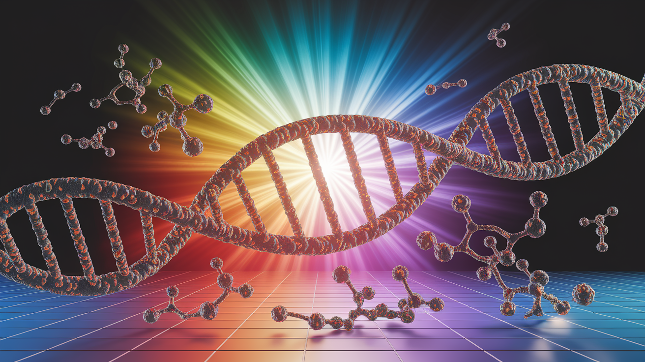 A conceptual illustration representing Molecular Mayhem - How UV-C Destroys Genetic Material. Visualize the main ideas: . Creative but clear representation of the concept. Style: photorealistic. high quality, detailed, professional, clean composition, good lighting, sharp focus, well-composed. high quality, professional, detailed, well-composed