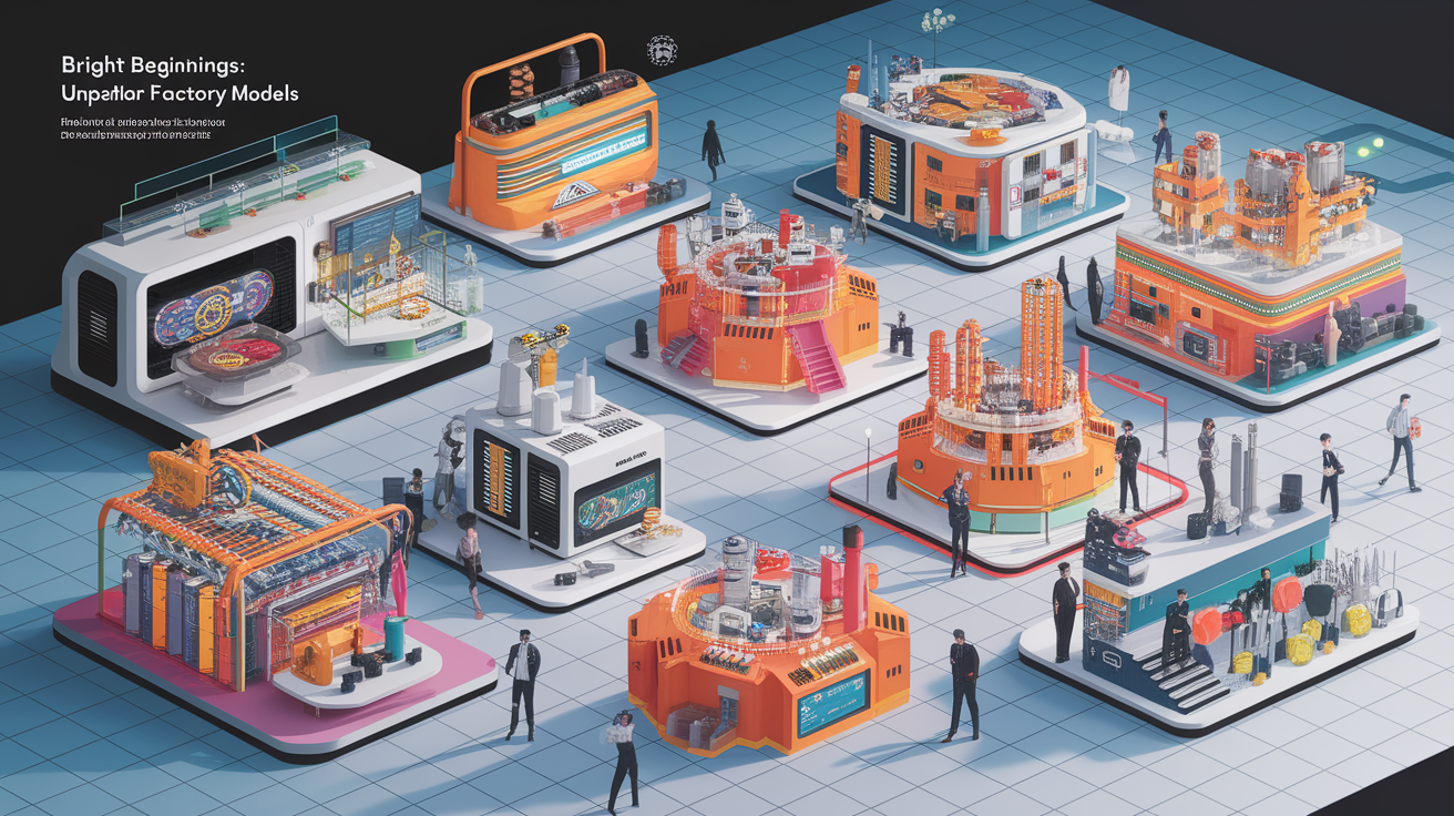 A conceptual illustration representing Bright Beginnings: Unpacking Micro-Factory Models. Visualize the main ideas: . Creative but clear representation of the concept. Style: Visual Theme: Clean, modern aesthetic with high contrast and vibrant energy. Emphasize the intersect. high quality, detailed, professional, clean composition, good lighting, sharp focus, well-composed. high quality, professional, detailed, well-composed