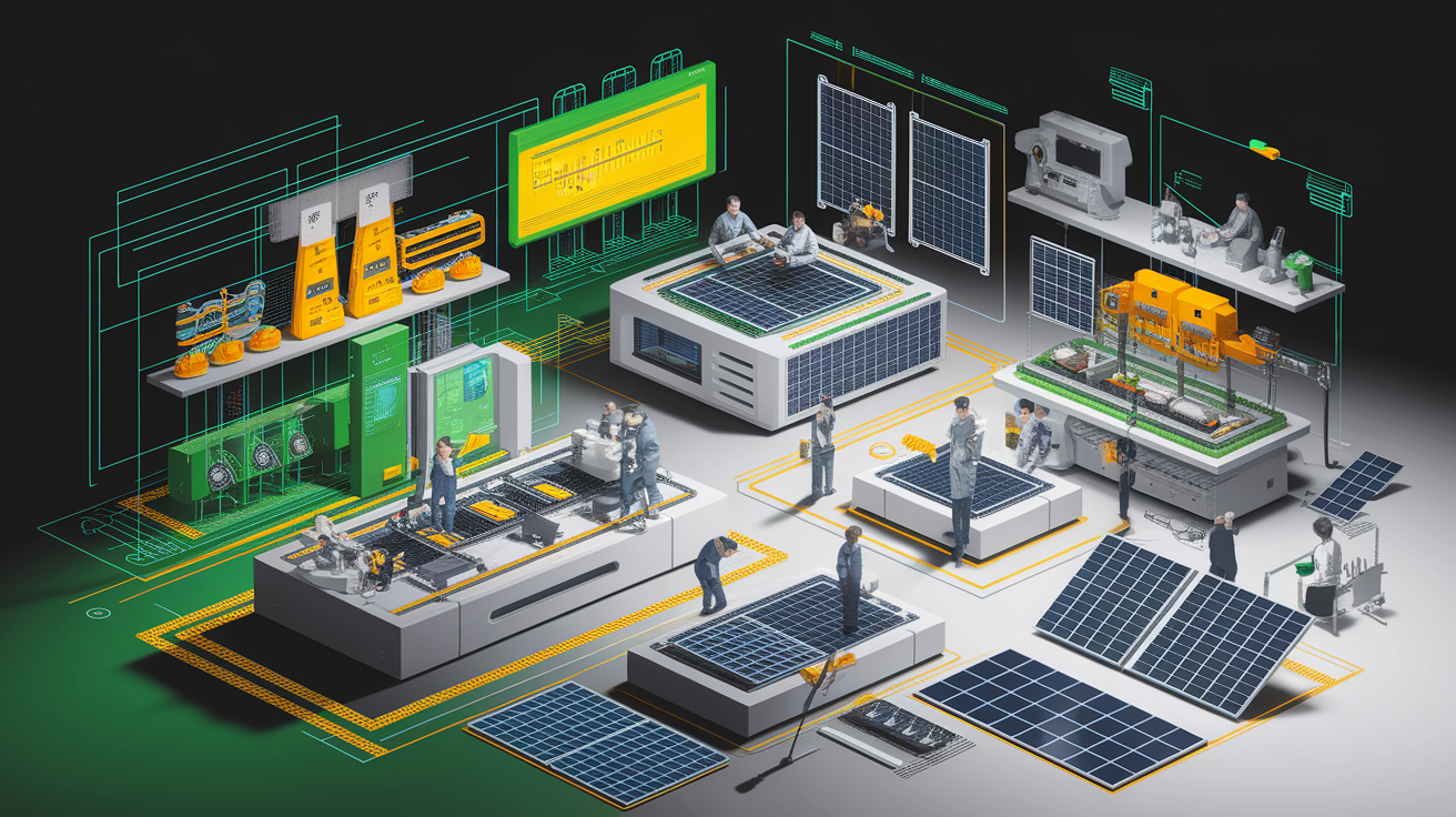 A conceptual illustration representing Core Concepts: Essentials of a PV Micro-Factory. Visualize the main ideas: . Creative but clear representation of the concept. Style: Visual Theme: Clean, modern aesthetic with high contrast and vibrant energy. Emphasize the intersect. high quality, detailed, professional, clean composition, good lighting, sharp focus, well-composed. high quality, professional, detailed, well-composed