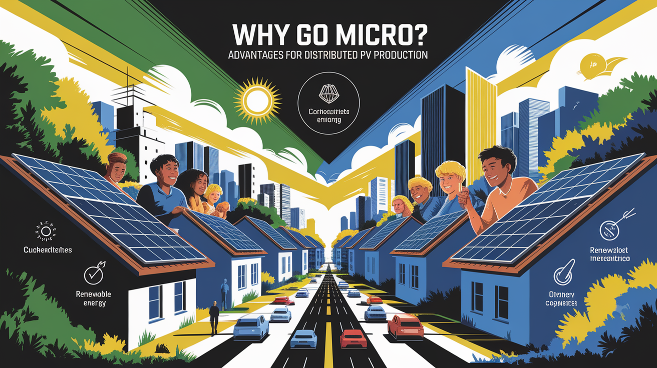 A conceptual illustration representing Why Go Micro? Advantages for Distributed PV Production. Visualize the main ideas: . Creative but clear representation of the concept. Style: Visual Theme: Clean, modern aesthetic with high contrast and vibrant energy. Emphasize the intersect. high quality, detailed, professional, clean composition, good lighting, sharp focus, well-composed. high quality, professional, detailed, well-composed