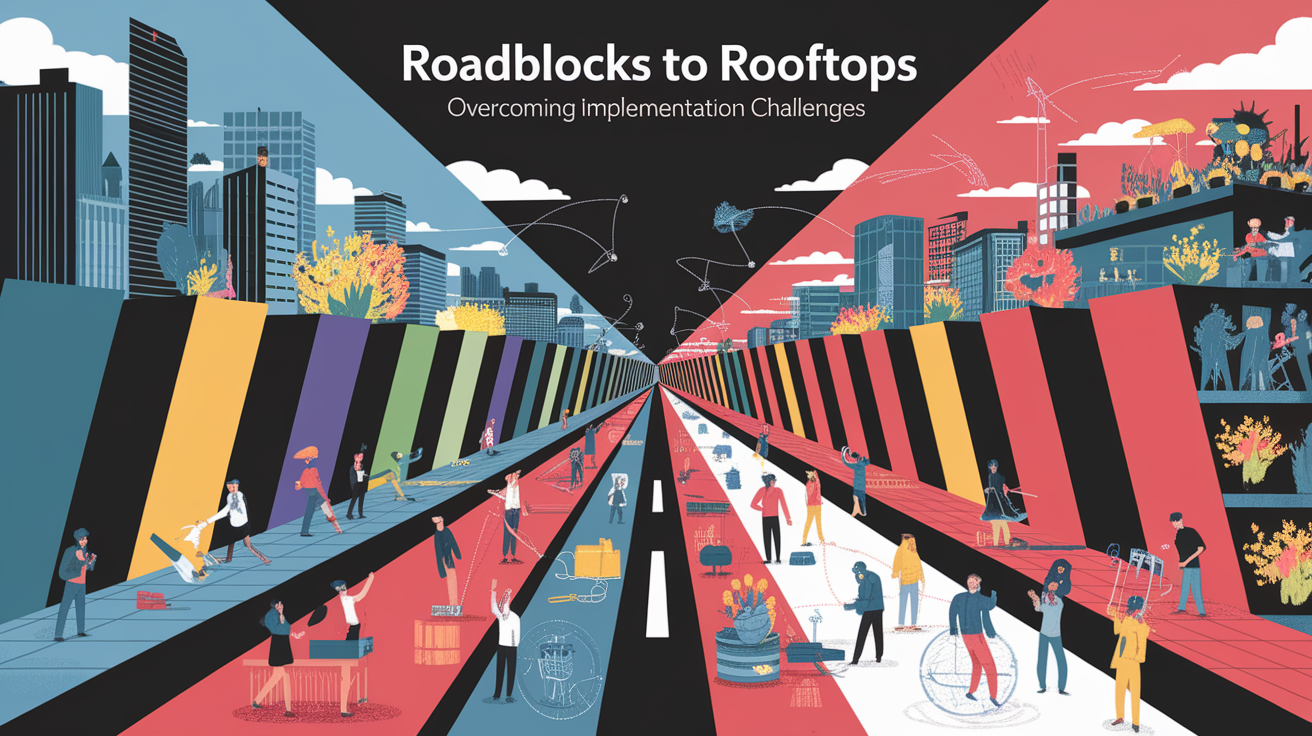A conceptual illustration representing Roadblocks to Rooftops: Overcoming Implementation Challenges. Visualize the main ideas: . Creative but clear representation of the concept. Style: Visual Theme: Clean, modern aesthetic with high contrast and vibrant energy. Emphasize the intersect. high quality, detailed, professional, clean composition, good lighting, sharp focus, well-composed. high quality, professional, detailed, well-composed