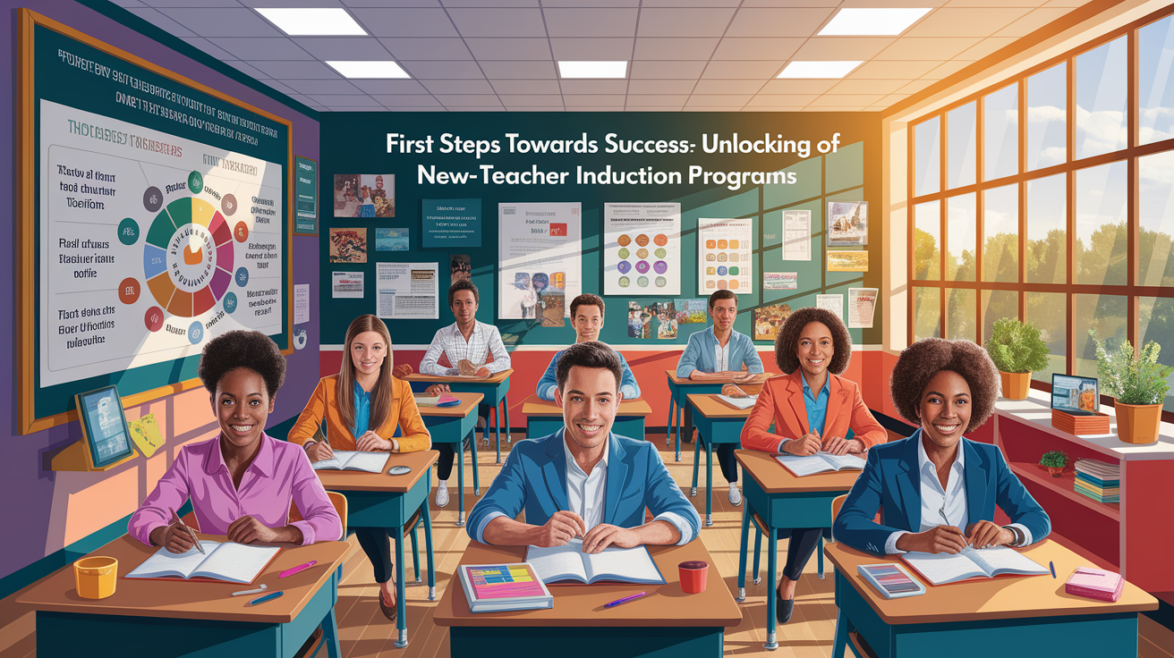 A conceptual illustration representing First Steps Towards Success: Unlocking the Power of New-Teacher Induction Programs. Visualize the main ideas: . Creative but clear representation of the concept. Style: photorealistic. high quality, detailed, professional, clean composition, good lighting, sharp focus, well-composed. high quality, professional, detailed, well-composed