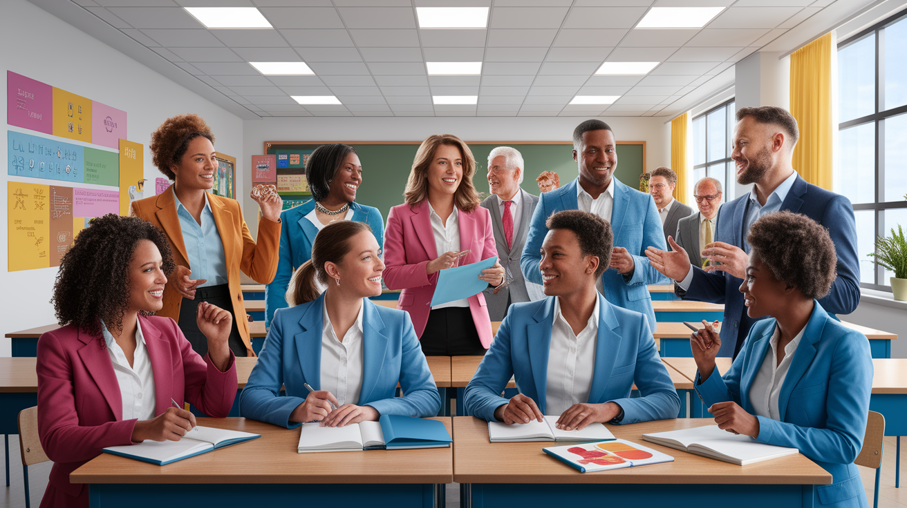 A conceptual illustration representing What Are New-Teacher Induction Programs?. Visualize the main ideas: . Creative but clear representation of the concept. Style: photorealistic. high quality, detailed, professional, clean composition, good lighting, sharp focus, well-composed. high quality, professional, detailed, well-composed