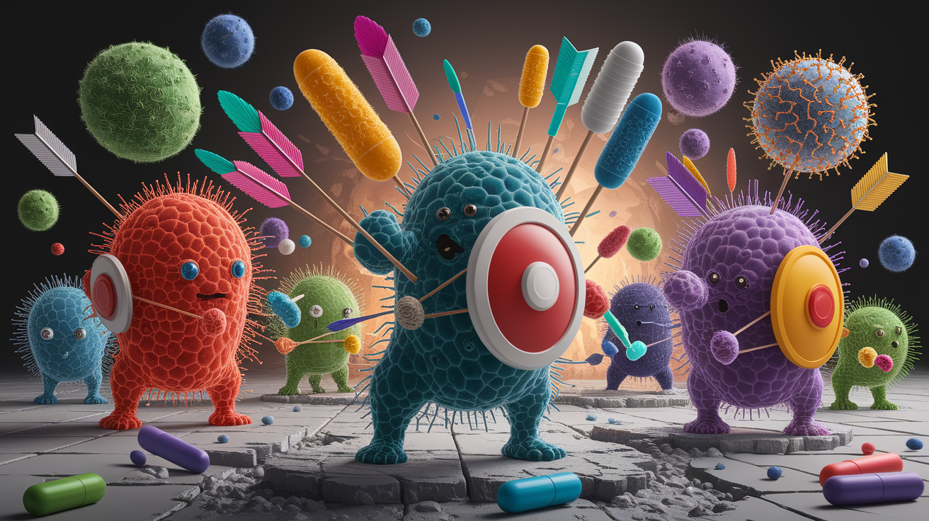 A conceptual illustration representing Weapons Bacteria Wield: Key Resistance Mechanisms. Visualize the main ideas: . Creative but clear representation of the concept. Style: photorealistic. high quality, detailed, professional, clean composition, good lighting, sharp focus, well-composed. high quality, professional, detailed, well-composed