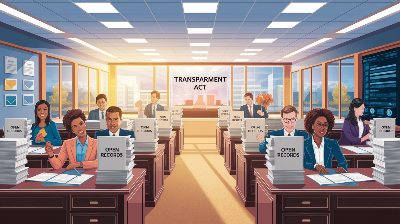 A conceptual illustration representing Overview of State Open Records Laws and the Sunshine Act. Visualize the main ideas: . Creative but clear representation of the concept. Style: photorealistic. high quality, detailed, professional, clean composition, good lighting, sharp focus, well-composed. high quality, professional, detailed, well-composed