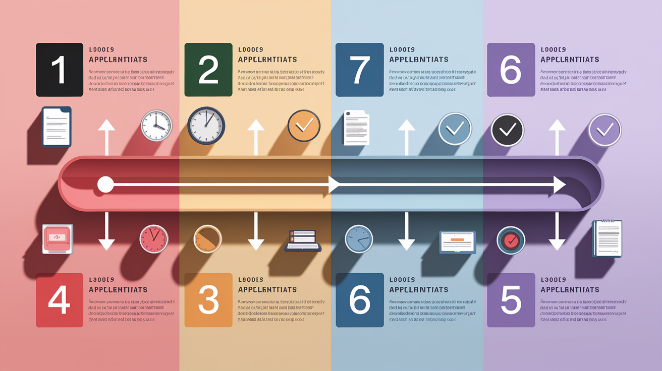 A clear, step-by-step visual illustration showing Application Timeline & Submission Process. Focus on . Include visual elements like arrows, numbered steps, or sequential flow. Professional and instructional style. Style: photorealistic. high quality, detailed, professional, clean composition, good lighting, sharp focus, well-composed. high quality, professional, detailed, well-composed