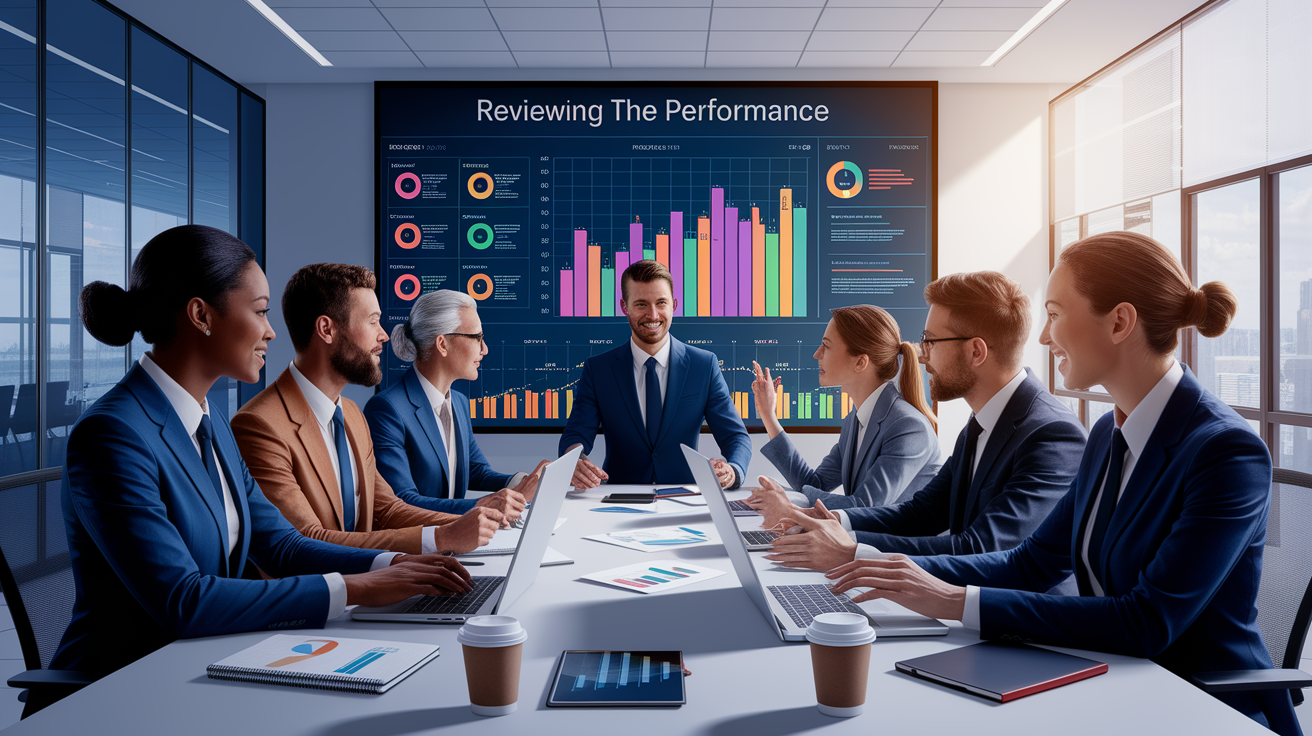 A conceptual illustration representing Reviewing the Performance. Visualize the main ideas: . Creative but clear representation of the concept. Style: photorealistic. high quality, detailed, professional, clean composition, good lighting, sharp focus, well-composed. high quality, professional, detailed, well-composed