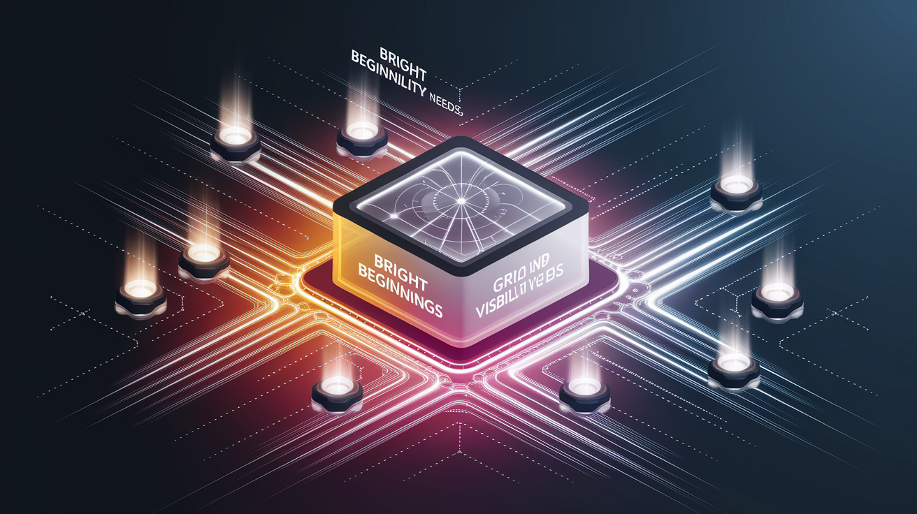 A conceptual illustration representing Bright Beginnings: Understanding Grid Visibility Needs. Visualize the main ideas: . Creative but clear representation of the concept. Style: Visual Theme: Clean, modern aesthetic with high contrast and vibrant energy. Emphasize the intersect. high quality, detailed, professional, clean composition, good lighting, sharp focus, well-composed. high quality, professional, detailed, well-composed