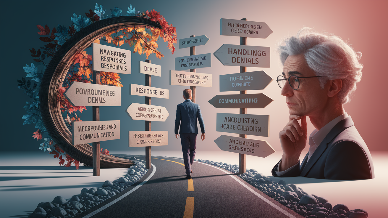 A conceptual illustration representing Navigating Responses and Handling Denials. Visualize the main ideas: . Creative but clear representation of the concept. Style: photorealistic. high quality, detailed, professional, clean composition, good lighting, sharp focus, well-composed. high quality, professional, detailed, well-composed