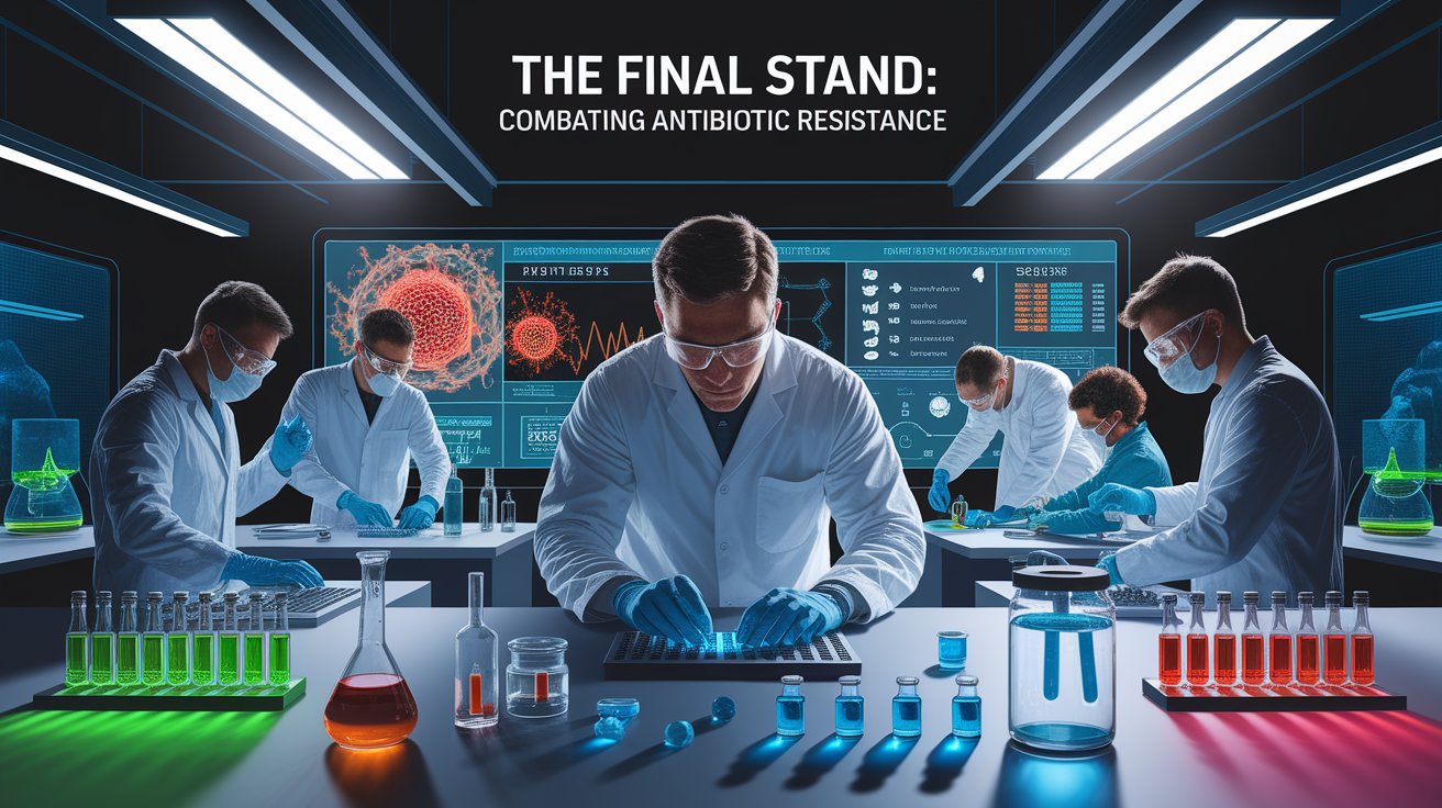 A conceptual illustration representing The Final Stand: Combating Antibiotic Resistance. Visualize the main ideas: . Creative but clear representation of the concept. Style: photorealistic. high quality, detailed, professional, clean composition, good lighting, sharp focus, well-composed. high quality, professional, detailed, well-composed