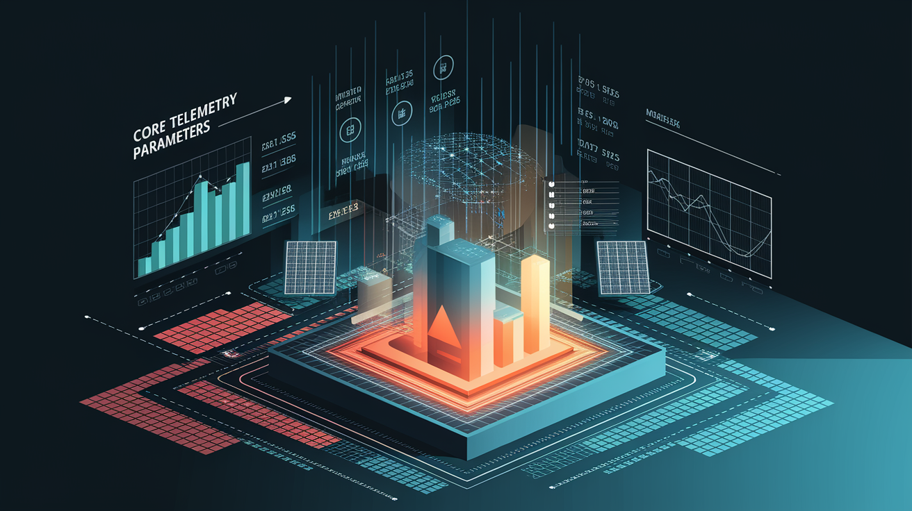 A conceptual illustration representing Core Telemetry Parameters for Distributed Solar. Visualize the main ideas: . Creative but clear representation of the concept. Style: Visual Theme: Clean, modern aesthetic with high contrast and vibrant energy. Emphasize the intersect. high quality, detailed, professional, clean composition, good lighting, sharp focus, well-composed. high quality, professional, detailed, well-composed