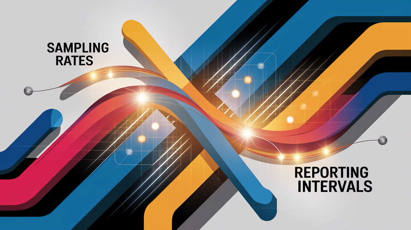 A conceptual illustration representing Sampling Rates and Reporting Intervals. Visualize the main ideas: . Creative but clear representation of the concept. Style: Visual Theme: Clean, modern aesthetic with high contrast and vibrant energy. Emphasize the intersect. high quality, detailed, professional, clean composition, good lighting, sharp focus, well-composed. high quality, professional, detailed, well-composed