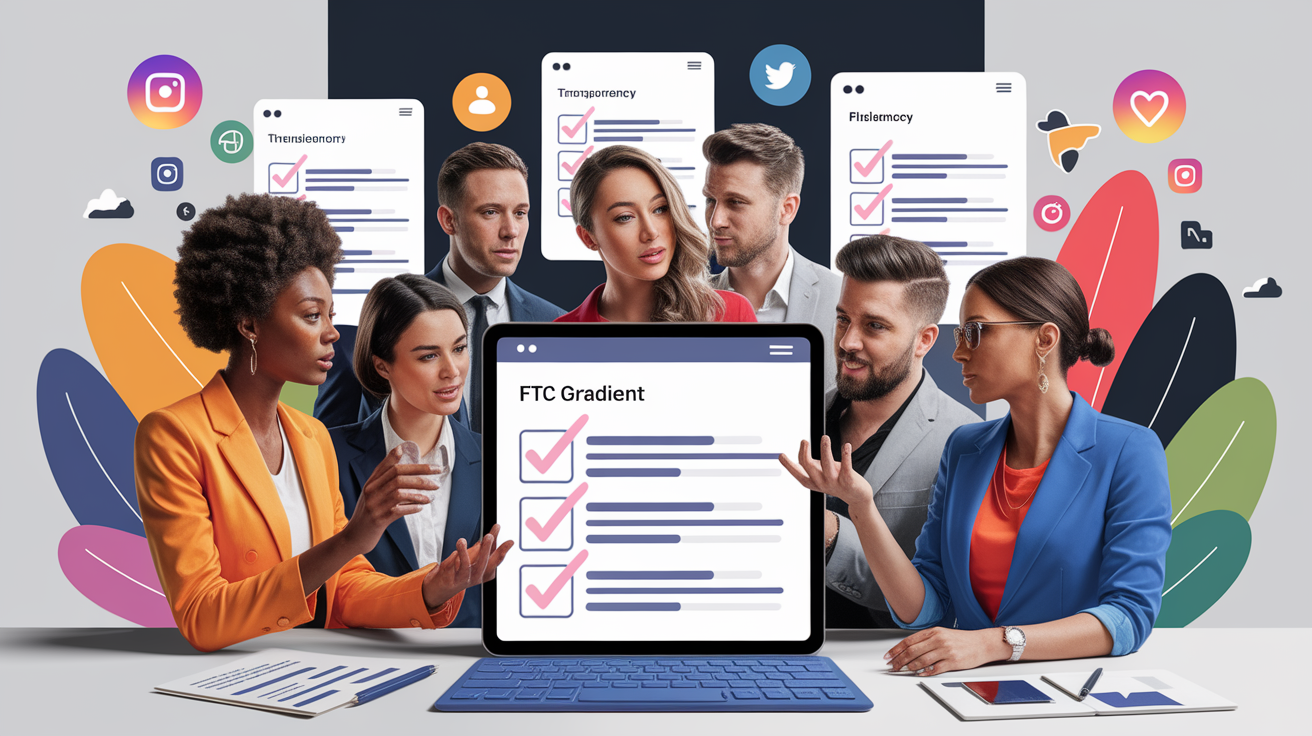 A conceptual illustration representing Understanding FTC Requirements for Influencer Marketing. Visualize the main ideas: . Creative but clear representation of the concept. Style: photorealistic. high quality, detailed, professional, clean composition, good lighting, sharp focus, well-composed. high quality, professional, detailed, well-composed