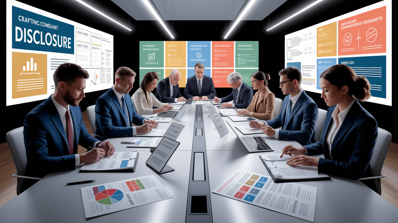 A conceptual illustration representing Crafting Compliant Disclosure Statements. Visualize the main ideas: . Creative but clear representation of the concept. Style: photorealistic. high quality, detailed, professional, clean composition, good lighting, sharp focus, well-composed. high quality, professional, detailed, well-composed