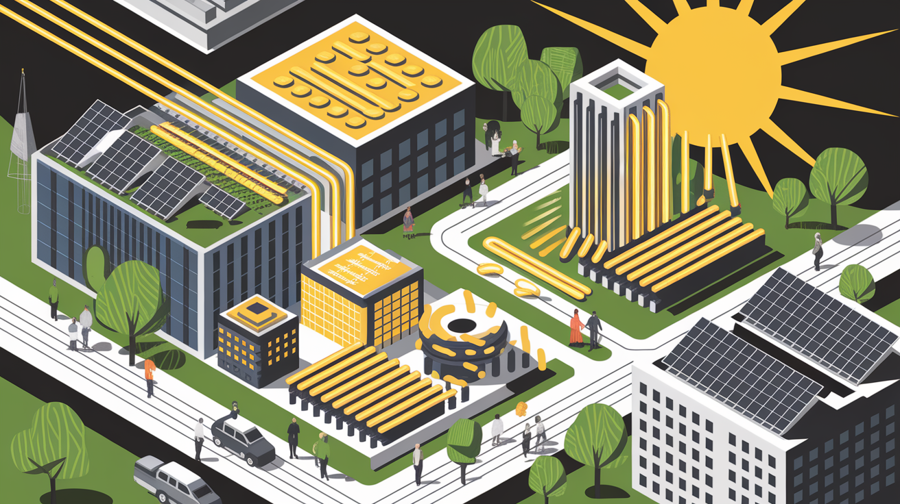 A conceptual illustration representing The Role of Solar-Thermal in District Heating. Visualize the main ideas: . Creative but clear representation of the concept. Style: Visual Theme: Clean, modern aesthetic with high contrast and vibrant energy. Emphasize the intersect. high quality, detailed, professional, clean composition, good lighting, sharp focus, well-composed. high quality, professional, detailed, well-composed