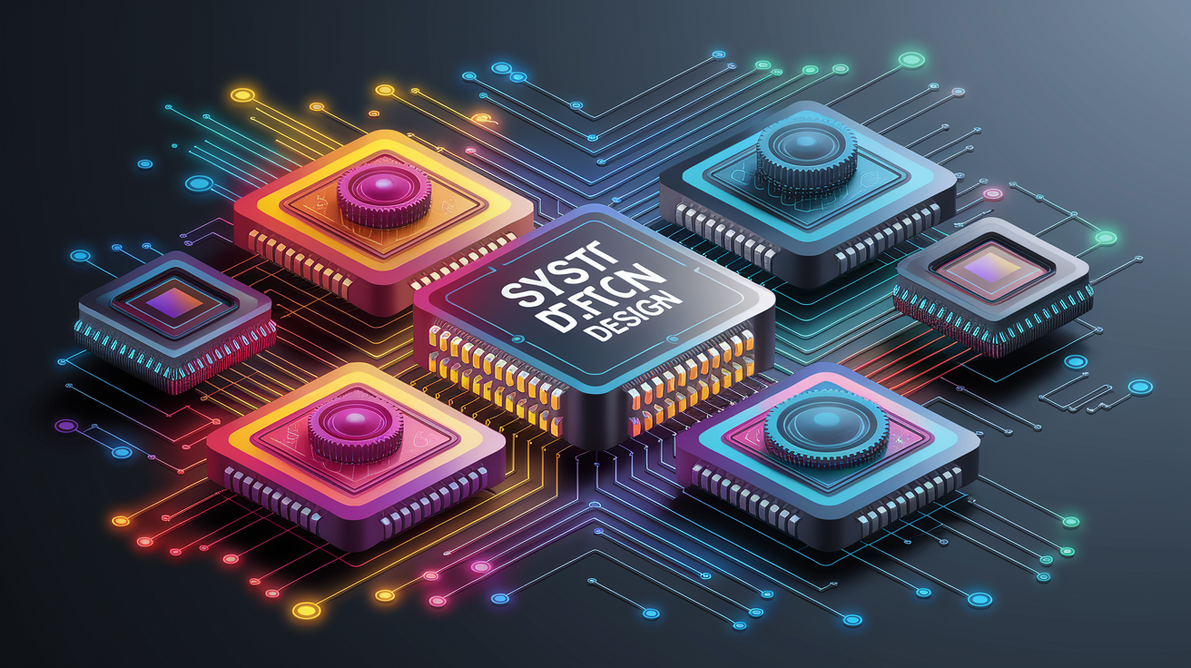 A conceptual illustration representing System Design and Components. Visualize the main ideas: . Creative but clear representation of the concept. Style: Visual Theme: Clean, modern aesthetic with high contrast and vibrant energy. Emphasize the intersect. high quality, detailed, professional, clean composition, good lighting, sharp focus, well-composed. high quality, professional, detailed, well-composed