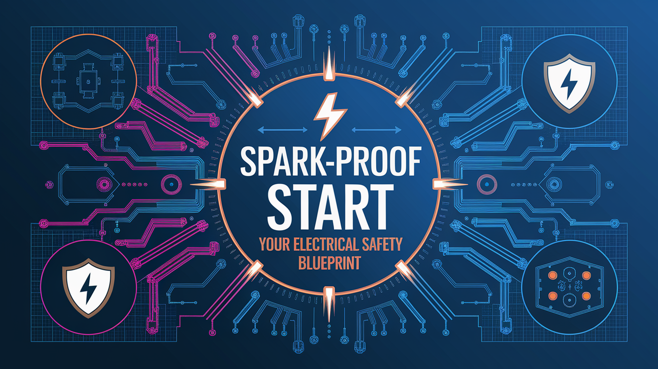 A conceptual illustration representing Spark-Proof Start: Your Electrical Safety Blueprint. Visualize the main ideas: . Creative but clear representation of the concept. Style: Visual Theme: Clean, modern aesthetic with high contrast and vibrant energy. Emphasize the intersect. high quality, detailed, professional, clean composition, good lighting, sharp focus, well-composed. high quality, professional, detailed, well-composed