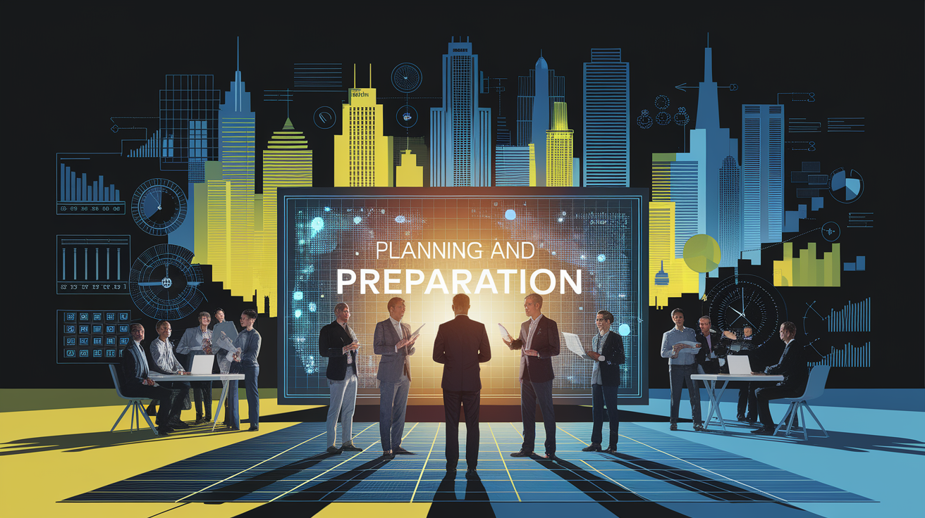 A conceptual illustration representing Planning and Preparation. Visualize the main ideas: . Creative but clear representation of the concept. Style: Visual Theme: Clean, modern aesthetic with high contrast and vibrant energy. Emphasize the intersect. high quality, detailed, professional, clean composition, good lighting, sharp focus, well-composed. high quality, professional, detailed, well-composed