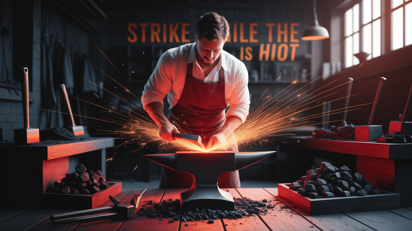 A conceptual illustration representing Strike While the Iron Is Hot. Visualize the main ideas: . Creative but clear representation of the concept. Style: photorealistic. high quality, detailed, professional, clean composition, good lighting, sharp focus, well-composed. high quality, professional, detailed, well-composed