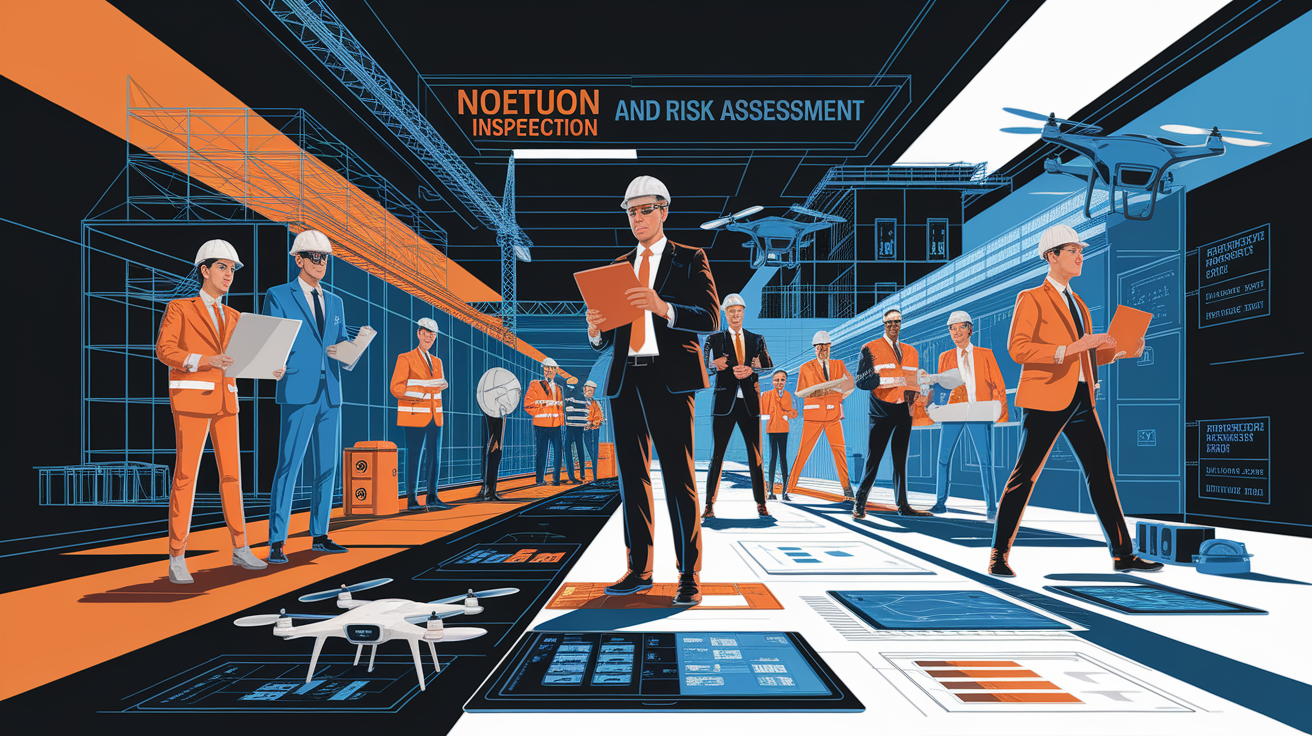A conceptual illustration representing Site Inspection and Risk Assessment. Visualize the main ideas: . Creative but clear representation of the concept. Style: Visual Theme: Clean, modern aesthetic with high contrast and vibrant energy. Emphasize the intersect. high quality, detailed, professional, clean composition, good lighting, sharp focus, well-composed. high quality, professional, detailed, well-composed